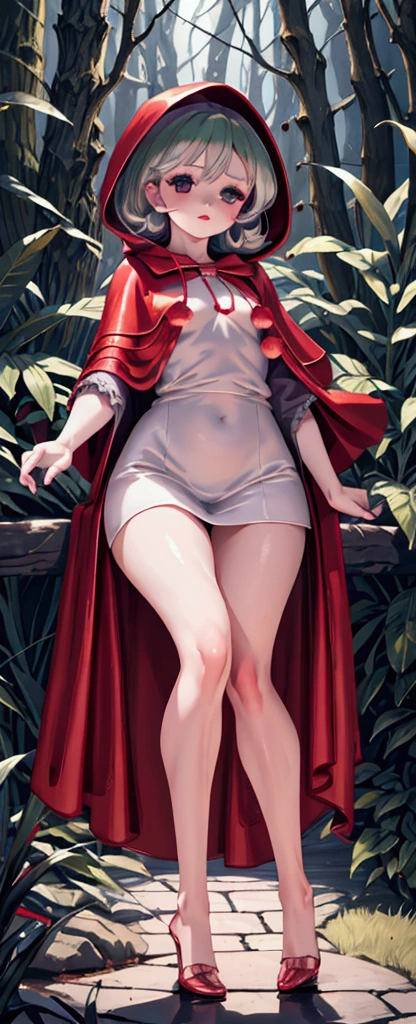 a  girl in a red hooded cloak,beautiful detailed eyes,beautiful detailed lips,extremely detailed facial features,extremely detailed skin,porcelain skin,long eyelashes,flowing red cloak,standing alone in a magical forest,natural lighting,vibrant colors,intricate details,fantasy art style,digital painting,8k,high resolution,photorealistic,cinematic lighting,dramatic shadows,warm color palette,glowing skin