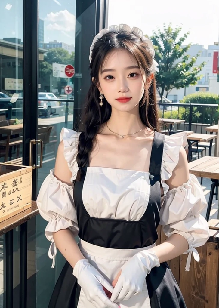 One Girl, apron, Black dress, blush, Braiding, dress,Frills, gloves, Hair between the eyes, jewelry, Juliet Sleeve, Long sleeve, Maid, Maid apron, Maidの頭飾り, Puffy sleeves, White apron, window, actress、Age 25、expensive、Cafe、restaurant, slim、thin、日本woman, smile, 23 years old,woman,Brown long straight hair,Wet body,Perfect body,Trained abdominal muscles,Shiny skin,Highest quality,日本のwoman一人,diamond,Earrings
