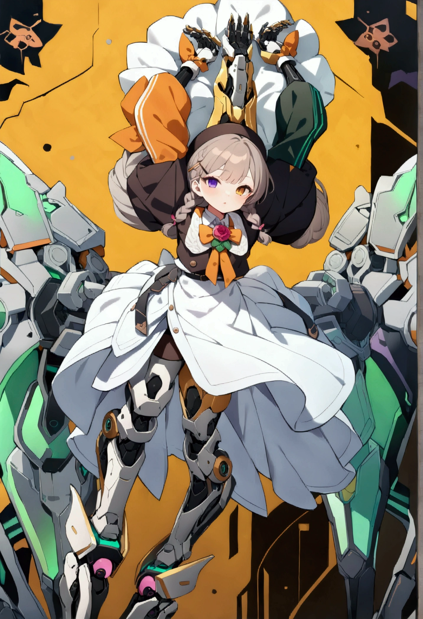 woman 165cm tall, slim build, , charming look, ((heterocromia: look like, derecho naranja y look like izquierdo violeta)), (Shoulder Length Wavy Gray Hair, a short braid on the left side of the hair, big open bangs, golden gear hairpin in hair), (((complex mechanical legs up to the hip, The legs are black with gray parts with small pink details))), (((complex mechanical arms up to the elbows, The arms are black with gray parts with small pink details))), (complex white mechanical angel wings with pastel green parts), (elegant black French beret with an orange rose ribbon), (stylish white short sleeve button down shirt, dark brown shorts from the waist, elegant black belt, small rose brooch on the neck, beautiful mechanical stiletto heels), (((character design sheet: Front view))), extremely detailed beautiful hair, beautiful detailed clothing, extremely detailed arms, extremely detailed face, (Extremely detailed hands), perfect hands, small face, hermosos look likes detallados, beautiful detailed lips, adorable, extremely detailed legs, (Best Quality, 8k, ultra resolution), ultra detailed, Exquisite and epic character art, ((Pastel yellow background)), (Focus on symmetry), (extremely detailed wings), ((Detailed full body concept art)).