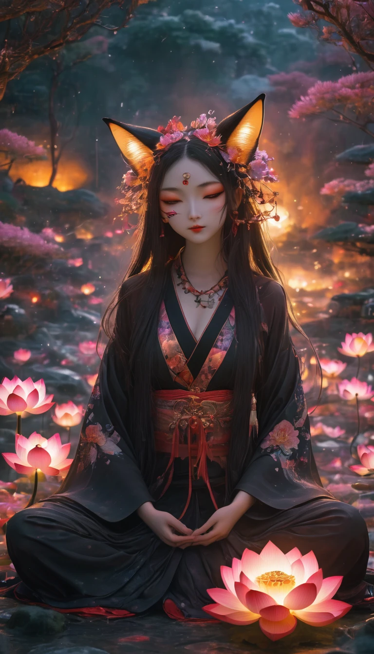 Full body photo of a girl in lotus positiotomically correct,born, Cinematic shots, (Sharp focus:1.5), (Realistic:1.4), dusk lighting, Volumetric lighting, Ultra-high resolution, 16K,Dramatic lighting, Abstract background：1.5）（Tangleた，Datura stramonium，Tangle，Intertwined：0.7）Fox Witch，kitsune mask，Haori, Foxfire spells, Fox family, conversion, Depth of written boundary, A fantastic atmosphere, The most beautiful form of chaos, Elegance, Fauvist Design Dark Theme, flowers of death, flowers of ecstasy，Glowing Lines,Glow Example，Tracking example，flash， Backlight，translucent，Particles of light,hill，exit