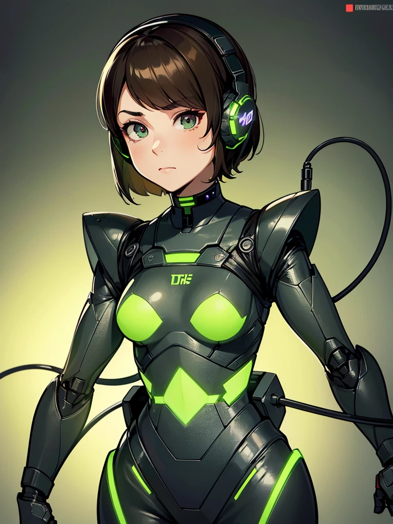 high quality, high resolution, high detail, cute, Lois Lane converted into borg drone, black robot armor, blank expression, hypnotized, robotized, black outfit, tomboy haircut, headphones, slim body, eyepatch, short hair, cables, cyborg, obedient, tan face, green and black outfit, background:borg ship, (perfect brown right eye)