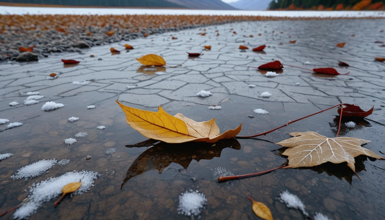 (Pearl Grey leaves),(square leaf), (half withered),(dry lake),magical round leaves leaves falling, snow is falling thinly,nature documentry footage, youtube video screenshot, today's featured photography 4k, autumn rain turkel, nature photography 4k, november, cinematic widescreen shot, leaves and magic, high quality screenshot, 2 0 2 1 cinematic 4 k framegrab, wide screenshot