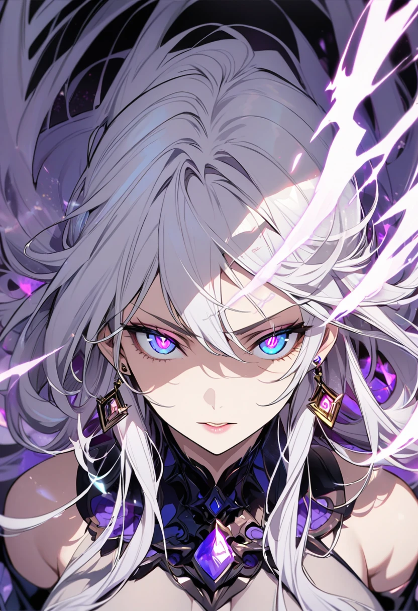 woman, blue eyes, long hair, white hair, , god eyes, diamond earings, two colors eyes, purple eyes,  glowing eyes