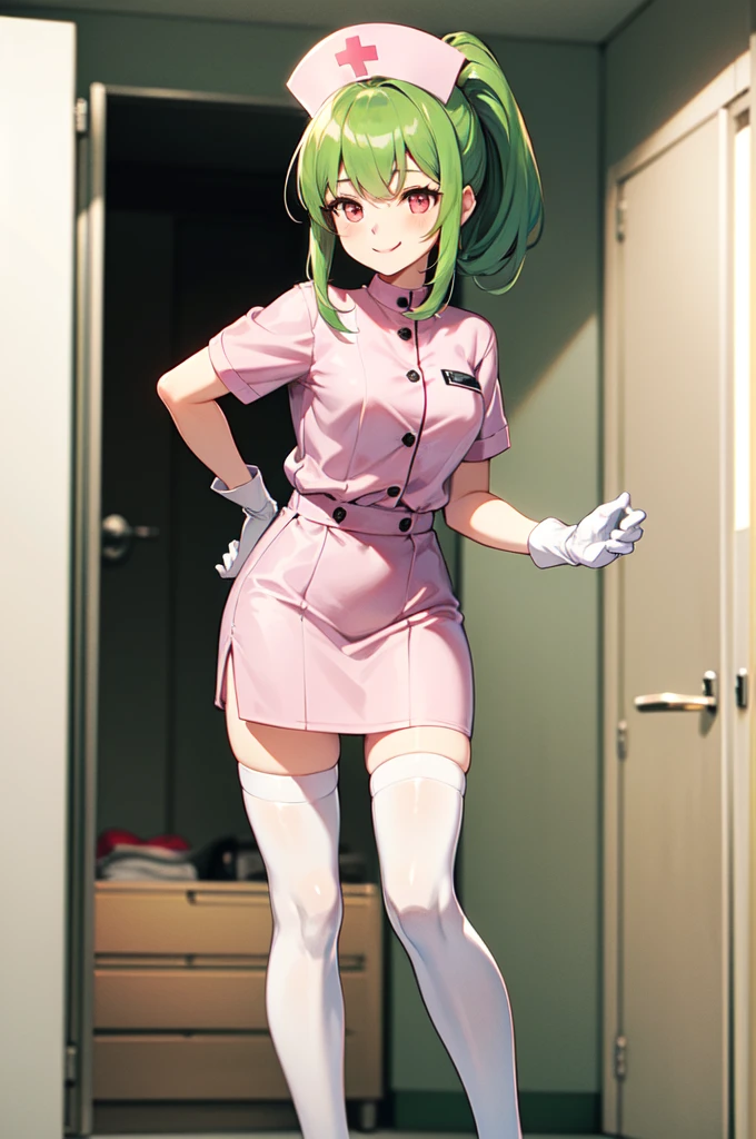 1girl, solo, nurse, nurse cap, white nurse uniform, ((white legwear, zettai ryouiki)), white gloves, ponytail, green hair, pink eyes, smile, standing, ((hospital room)), sharp outline, short sleeves, best quality, masterpiece