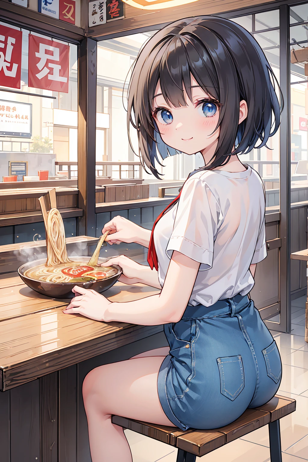 Photorealistic、Highest quality、Highest Resolution、Highest quality、８Ｋ、1人のBeautiful woman、Beautiful woman、Beautiful woman、cute、Bob cut hair、Dark Hair Color、Pale blue eyes、Casual Style、黒のcuteノースリーブ、Light blue shorts、cute厚底サンダル、smile、looks fun、sunny、Ramen shop、Eat ramen、Looking at the delicious ramen、