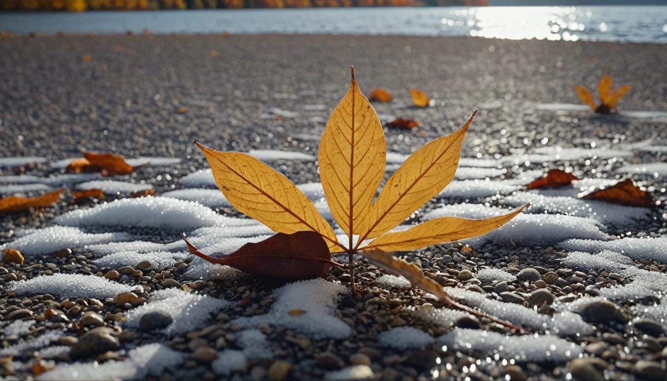 (Pearl Grey leaves),(square leaf), (half withered),(dry lake),magical round leaves leaves falling, snow is falling thinly,nature documentry footage, youtube video screenshot, today's featured photography 4k, autumn rain turkel, nature photography 4k, november, cinematic widescreen shot, leaves and magic, high quality screenshot, 2 0 2 1 cinematic 4 k framegrab, wide screenshot