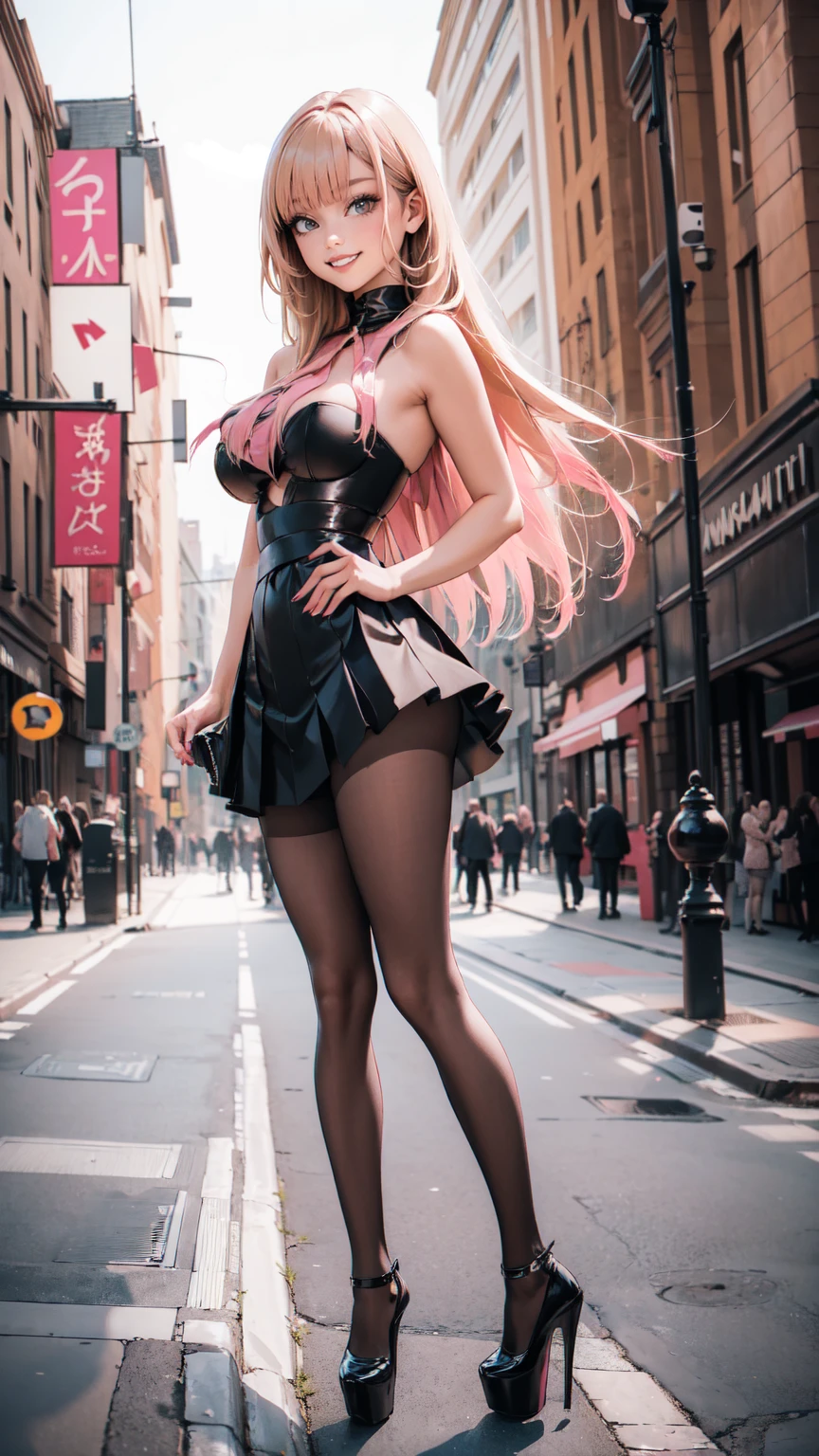 ((masterpiece, high resolution, better quality, better details)), ((Marin Kitagawa)), ((Smiling)), ((one girl)) a girl modeling standing in the city, mini skirt, blouse, ((big neckline)), ((platform high heels)), pink eyes with black outline, (light blonde hair, straight hair, straight bangs, long hair)), long nails, pink nails, shiny skin, solo, bare shoulders, full body, focus full body, high heels, ((black stockings)), ((wide hips)), ((thin waist)), ((huge tits)),