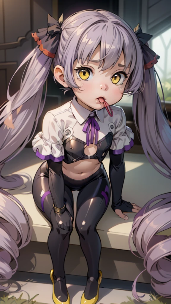 One girl,(((Young face))),((Short))、(((Round face)))、(((Yellow Eyes)))、(((Light purple hair)))、((Twin tails long enough to reach the ground))、(((long hair)))、(Black Ribbon),(Mouth open),Red lips,Cute Face, Sitting,Wearing a full body suit,Black bodysuit,Shiny bodysuit ,Underbust, shirt, ((flat chest, Flat Stomach, Baby Face)), (Vibrant colors),Ogasawara Hisame