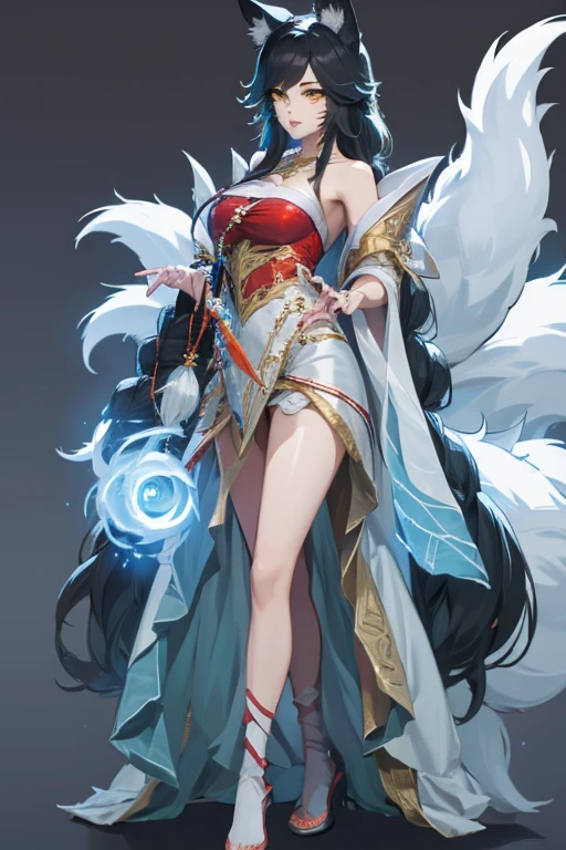 1 chubby girl, Standing full body painting, only, fox ear, fox tails, beautiful white dress, oda, Civeta League of Legends,