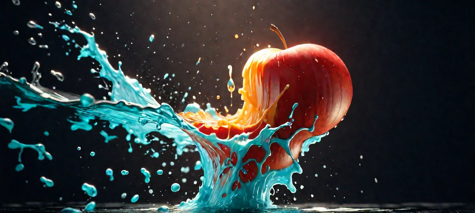 a close up of a red apple with water splashing off it, slow - mo high speed photography, high speed photography, super high speed photography, professional fruit photography, red apple, 4 k hd wallpapear, splashing, water splashing, super slowmotion, profile pic, simulation of water splashes, pouring, product photography 4 k, water particules