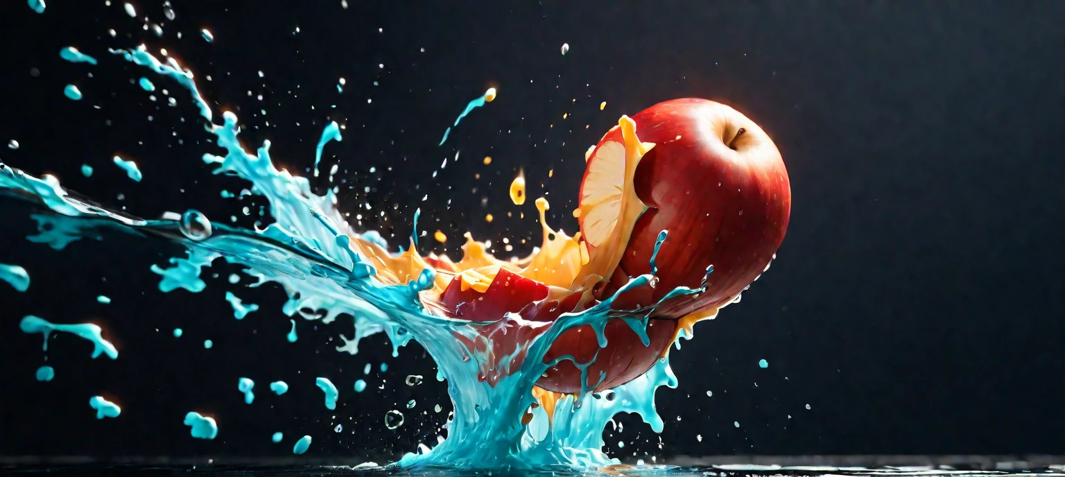 a close up of a red apple with water splashing off it, slow - mo high speed photography, high speed photography, super high speed photography, professional fruit photography, red apple, 4 k hd wallpapear, splashing, water splashing, super slowmotion, profile pic, simulation of water splashes, pouring, product photography 4 k, water particules