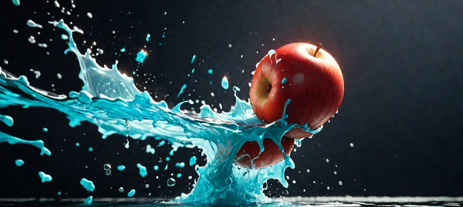 a close up of a red apple with water splashing off it, slow - mo high speed photography, high speed photography, super high speed photography, professional fruit photography, red apple, 4 k hd wallpapear, splashing, water splashing, super slowmotion, profile pic, simulation of water splashes, pouring, product photography 4 k, water particules