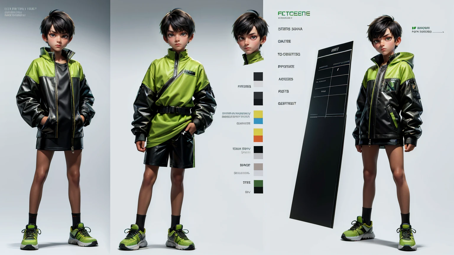 cute face boy, cute face, short height boy, wearing casual futuristic green color pent, green dress, full standing pose, Butch Cut hairs, black Butch Cut style hair, black hairs, sports shoes, Character Sheet, 12 yo student, Full body, Simple white background, front pose character reference sheet, Concept art, design sheet