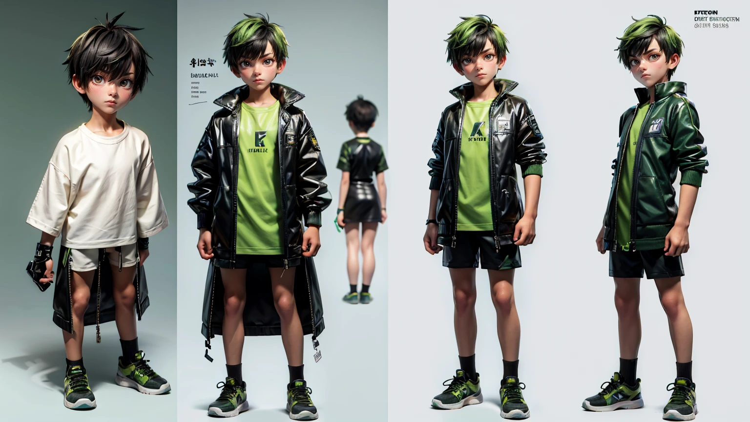 cute face boy, cute face, short height boy, wearing casual futuristic green  color pent, green  dress, full standing pose, Butch Cut hairs, black  Butch Cut style hair, black  hairs, sports shoes, Character Sheet, , Full body, Simple white background, front pose character reference sheet, Concept art, design sheet