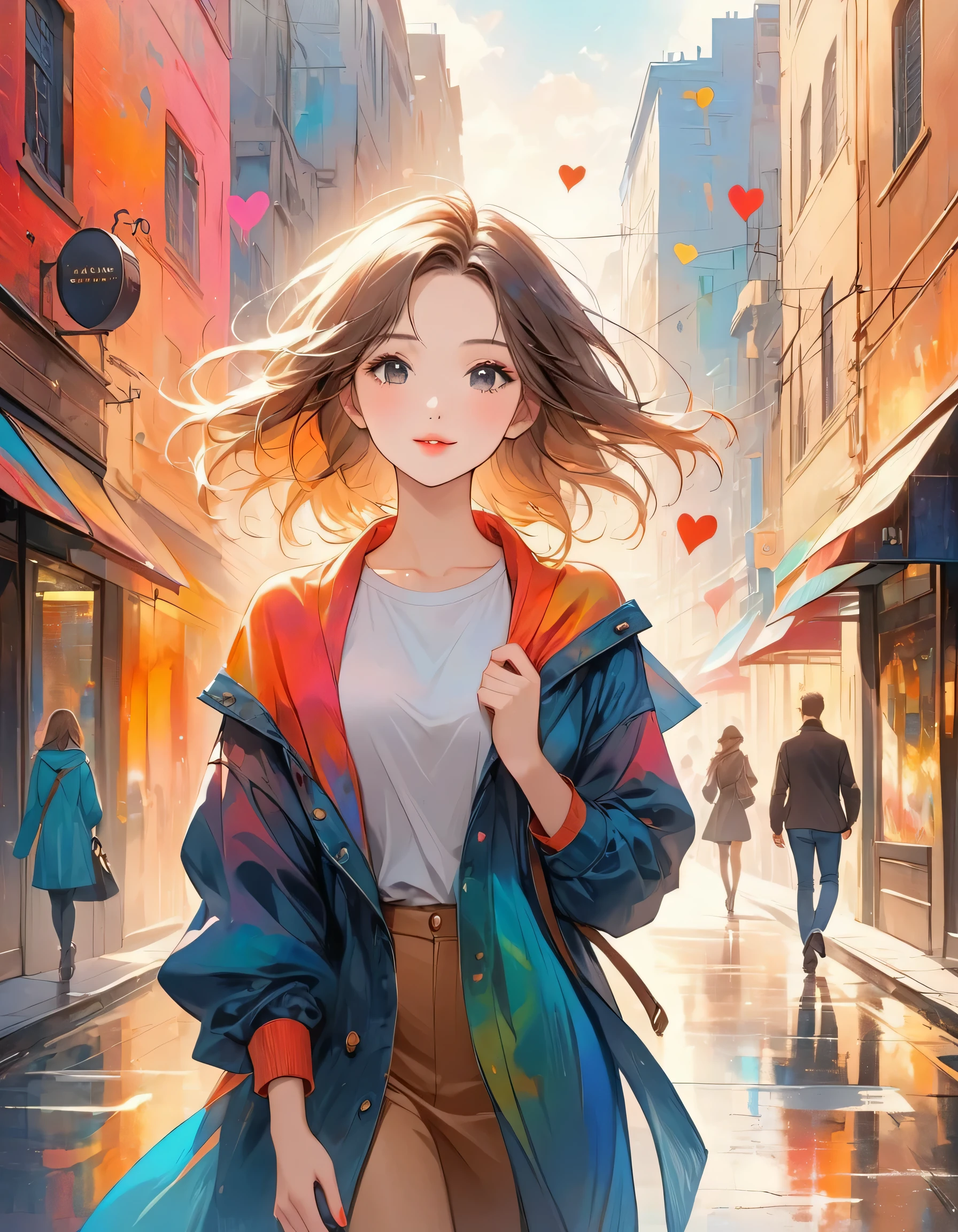 Joseph Mallord William Turner colorful style, Simple Line Initialism，Abstract art，Urban Background, (((The most beautiful girl of all time))), black eyes, Sweet face. Lips in love, walking, colorful hearts, stylish design