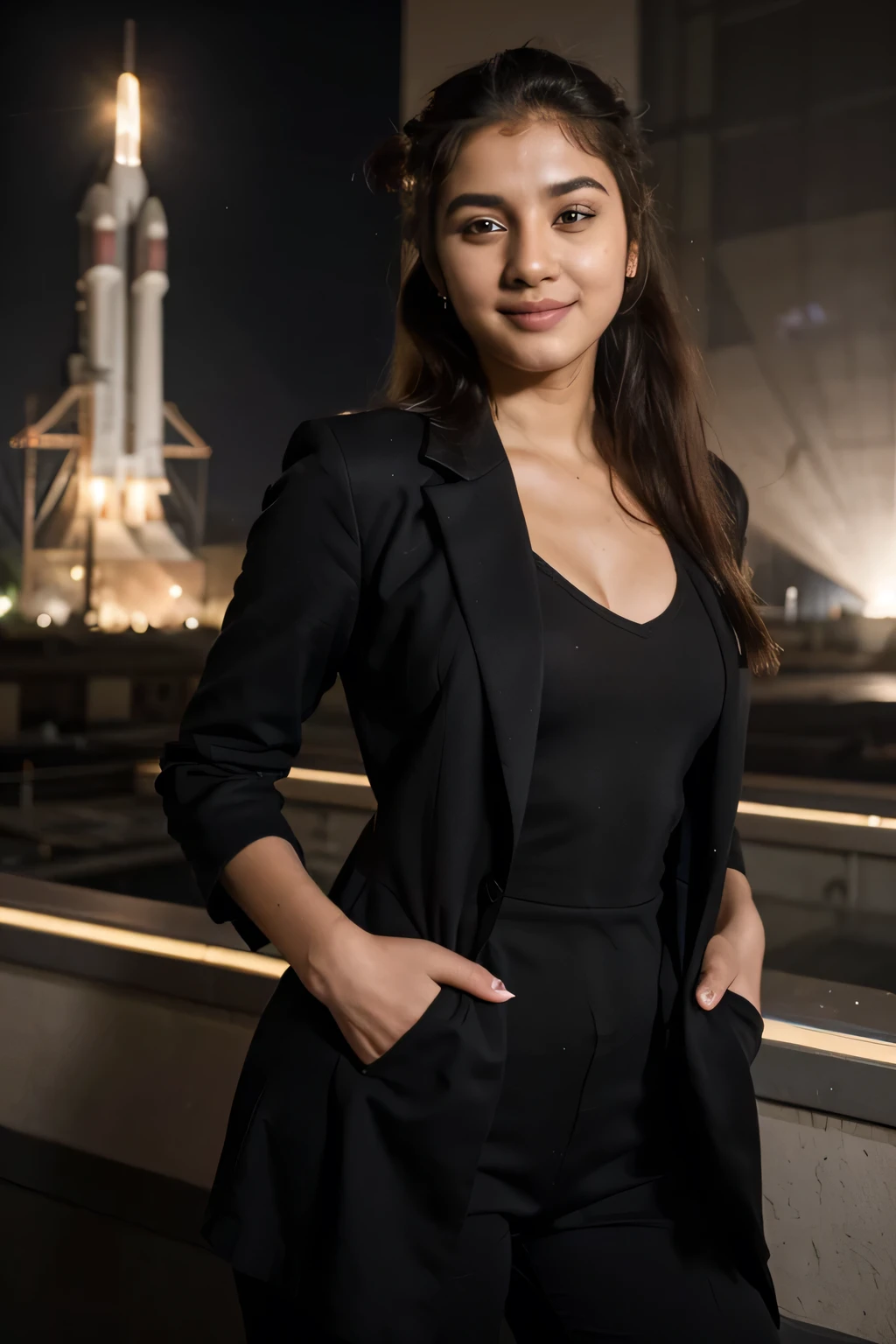 ((best quality)), ((masterpiece)), (detailed), 
 A 21 year old beautiful Indian girl with long hair smiling face beautiful eyes ponytail hairstyle wearing suit coat pant blazer dark colour dress standing in space centre a large rocket under construction background