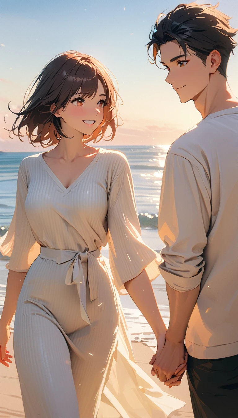 modern, Verism, masterpiece, textured skin, super detail, best quality, 4K, Couple holding hands, a man ,black short hair, 25 years old, a woman , Dark brown short bob, 23 years old,smile,Happy atmosphere,Seaside