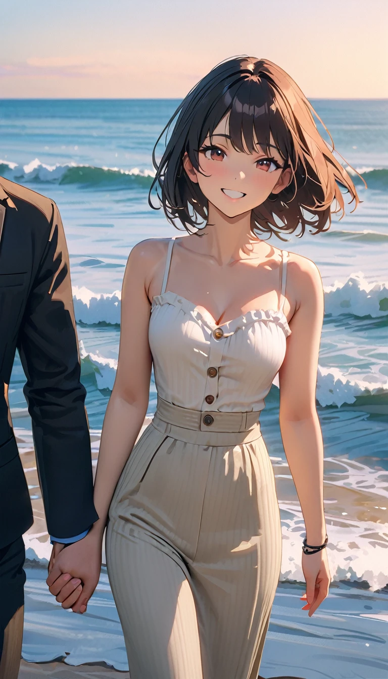 modern, Verism, masterpiece, textured skin, super detail, best quality, 4K, Couple holding hands, a man ,black short hair, 25 years old, a woman , Dark brown short bob, 23 years old,smile,Happy atmosphere,Seaside
