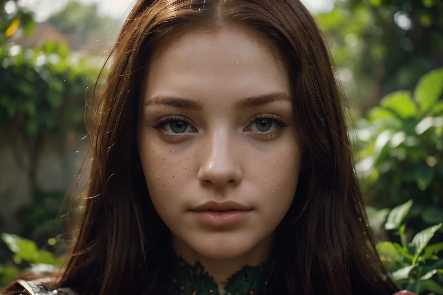 ((Best quality)), ((masterpiece)), (detailed), close-up person, Long red hair, freckles, full lips, green eyes, long eyelashes, (fantasy art:1.3), highly detailed face, beautiful artwork illustration, (portrait composition:1.3), restrained, shallow depth of field, focus on the eyes, (rating_obvious), (check_9, check_8_up, check_7_up, check_6_up, check_5_up, check_4_up) A high resolution, masterpiece, shiny smooth skin, close up, Slightly round face, slightly plump, very sexy, obscene, wet lips, modern, seductive, in the garden, leaved