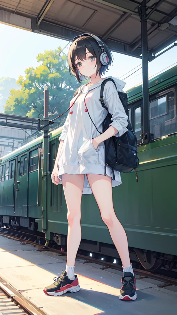 Please draw a cute girl in the style of Studio Ghibli, set on a train station platform. The girl is wearing casual and active clothing, listening to music with headphones, while waiting for her boyfriend to arrive.