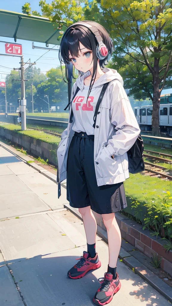 Please draw a cute girl in the style of Studio Ghibli, set on a train station platform. The girl is wearing casual and active clothing, listening to music with headphones, while waiting for her boyfriend to arrive.