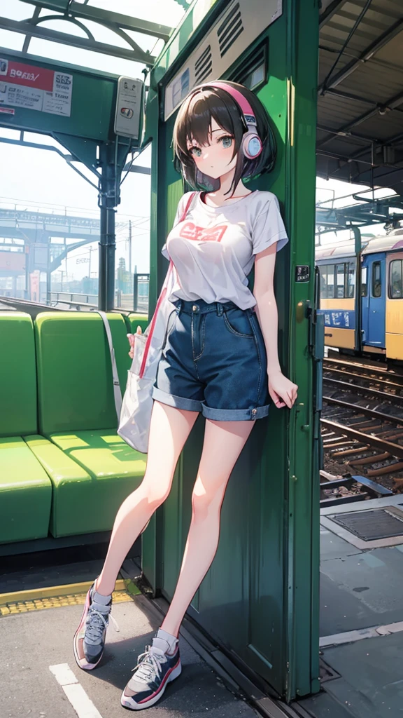 Please draw a cute girl in the style of Studio Ghibli, set on a train station platform. The girl is wearing casual and active clothing, listening to music with headphones, while waiting for her boyfriend to arrive.
