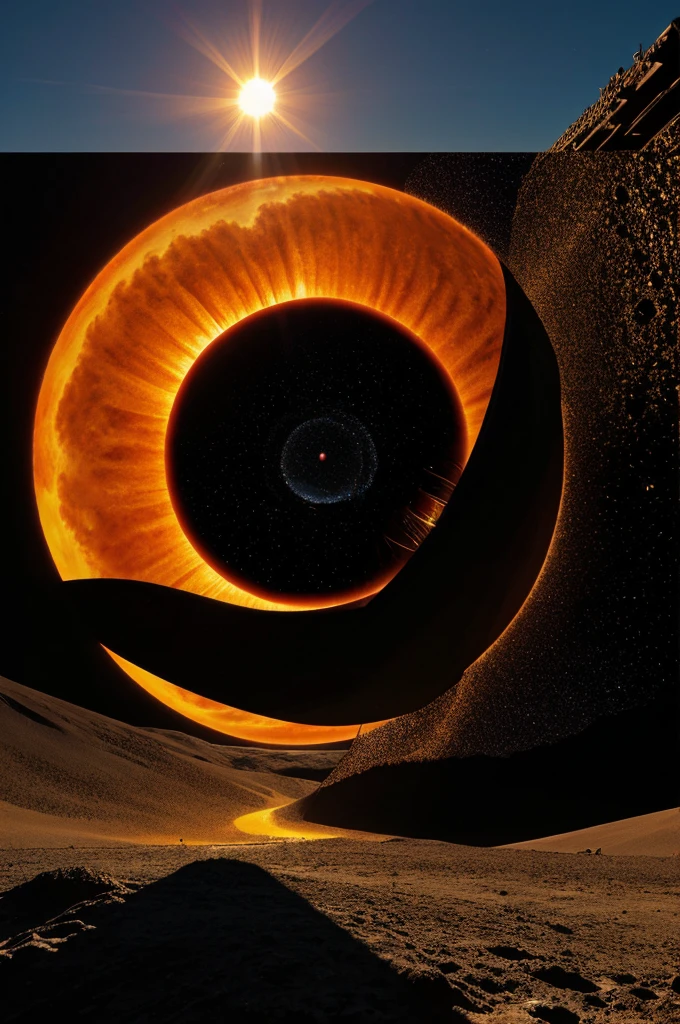 Can you create an image xontaining a big sun which is getting sucked up by black hole