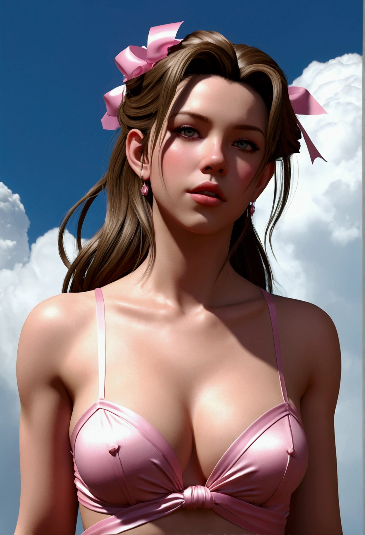 beautiful cartoon style aerith gainsborough, adam hughes artwork, completely nude sexualized, highest detail highest quality, seductress, perfectly clear eyes, sultry, powerful aura, sexy as all hell, irresistible, erotic, simplified comicbook style, nsfw, sexulized, artgerm, trending artstation , vectorial art,  out, magical make up, body tangled up in millions of pink ribbons, cinematic lighting, small diminutive breasts, beautiful face break background of white clouds glowing with sun rays, she is gift wapped bdsm style, extremely provocative , she wants sex so bad, flaunting her sexy body