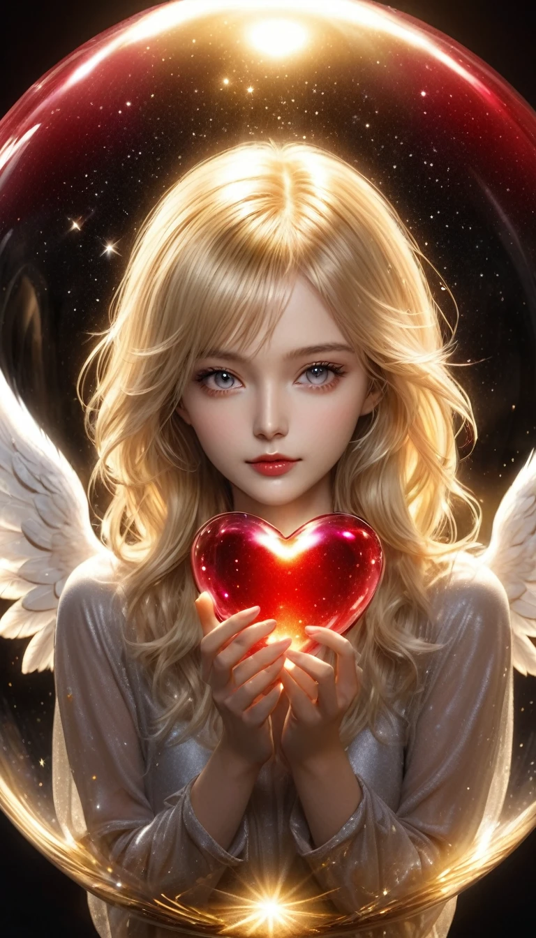 In a golden transparent glass bubble, Dark Star Background, Beautiful blonde 30 year old angel with a red heart, k resolution super detailed