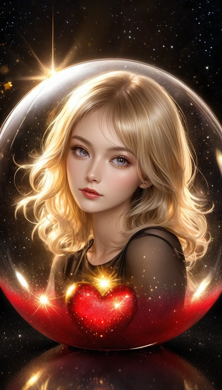 In a golden transparent glass bubble, Dark Star Background, Beautiful blonde 30 year old angel with a red heart, k resolution super detailed