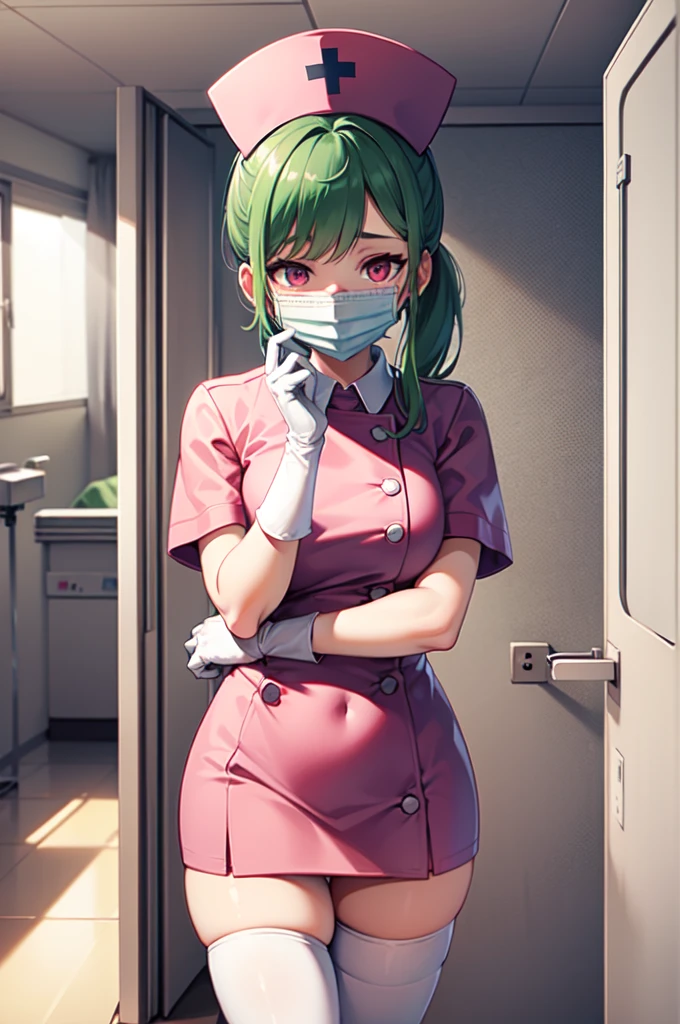 1girl, solo, nurse, nurse cap, white nurse uniform, ((white legwear, zettai ryouiki)), white gloves, ponytail, green hair, pink eyes, ((white surgical mask, covered nose)), standing, ((hospital room)), sharp outline, short sleeves, best quality, masterpiece