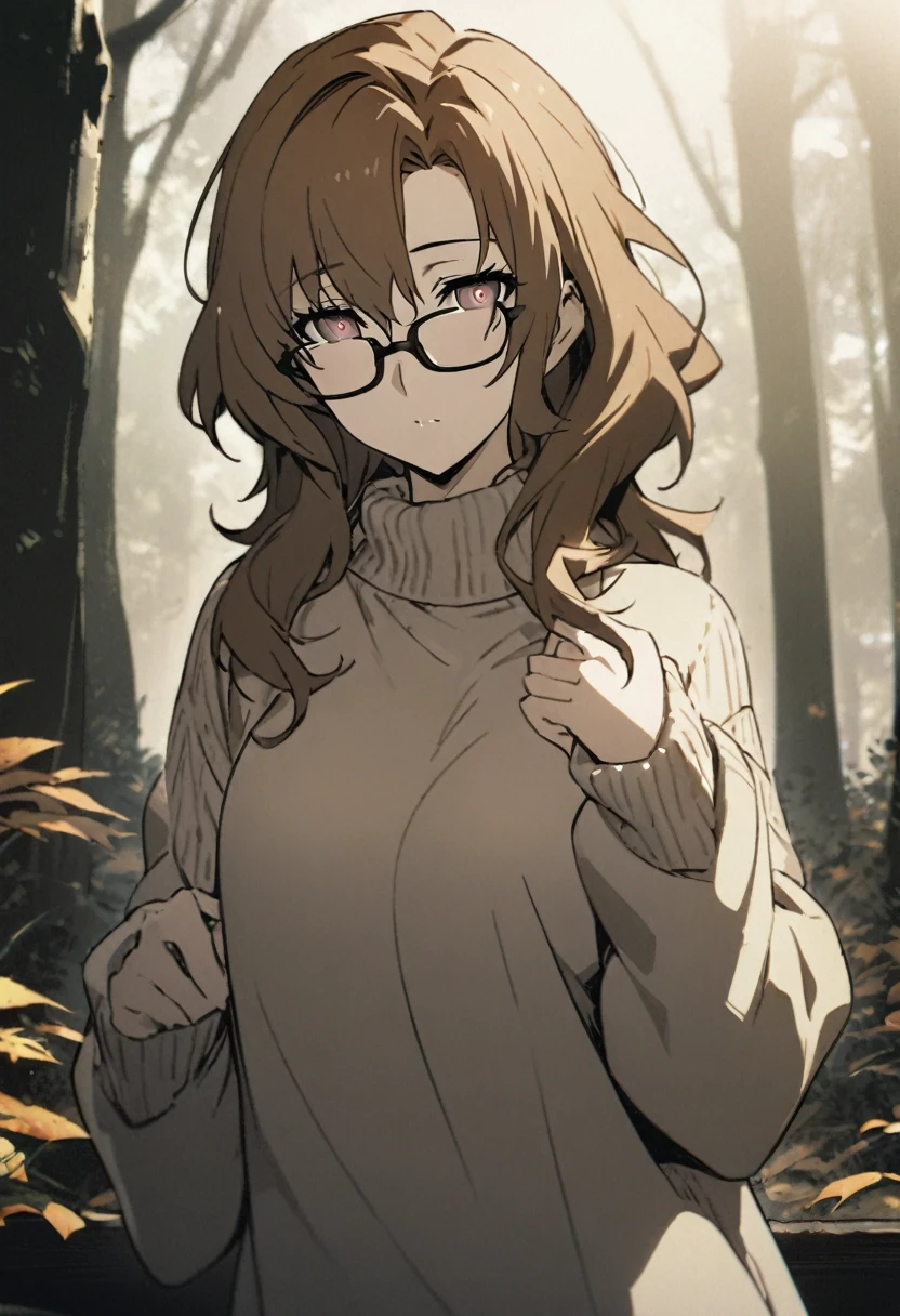 1girl, kiryuu moeka, steins;gate, glasses, muted colors, autumn forest, cozy sweater,masterpiece, best quality, absurdres,