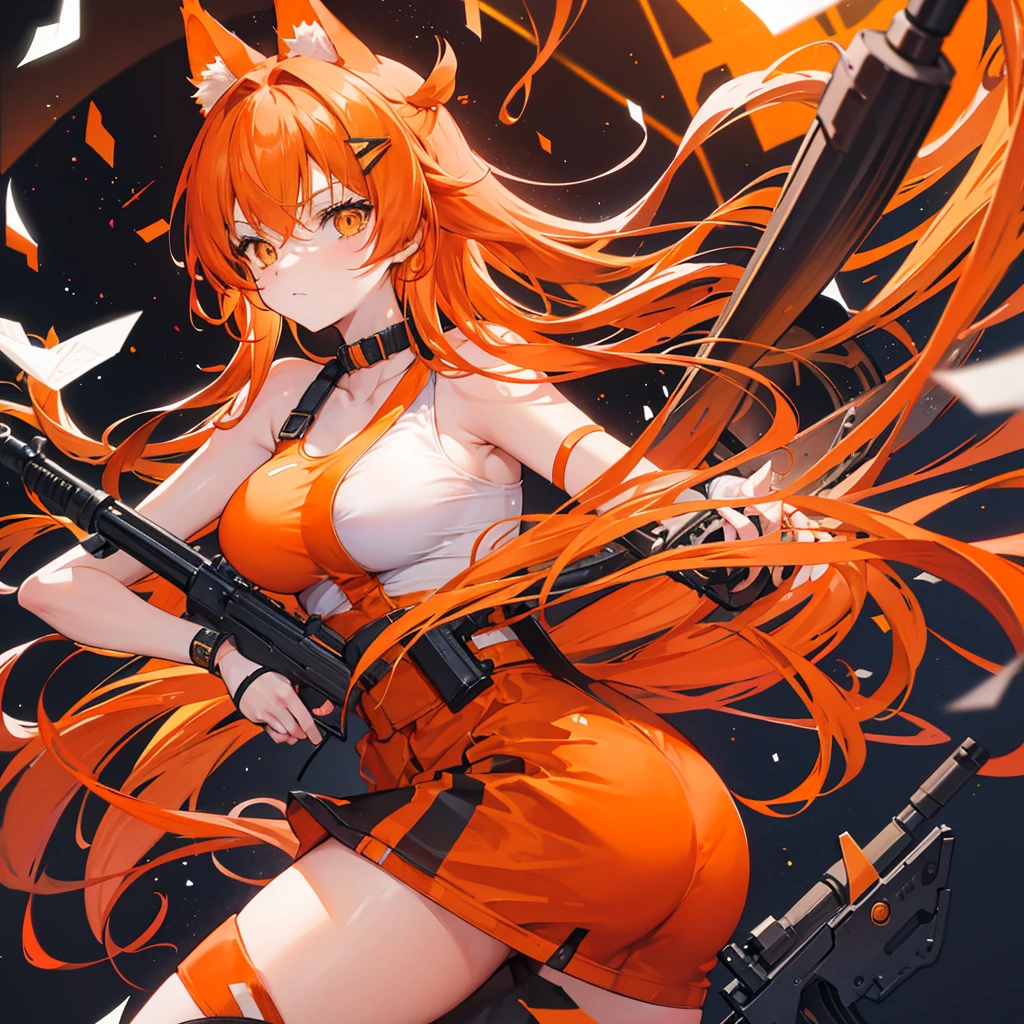 Orange hair, long hair, cute face, orange cat ears, orange cat tail, I CUP, AK-47 in hand 