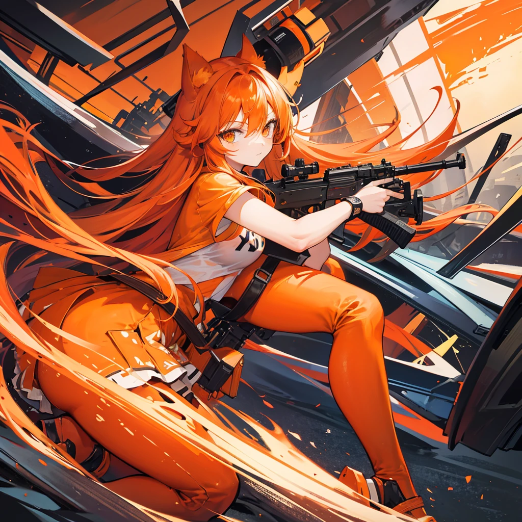 Orange hair, long hair, cute face, orange cat ears, orange cat tail, I CUP, AK-47 in hand