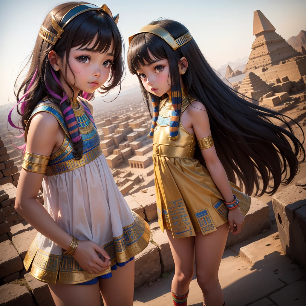 Cute Ancient Egyptian 8  girl、A hill overlooking the colorful temples of ancient Egypt、A colorful view of the whole city、whole body、Low - Angle、Standing posture