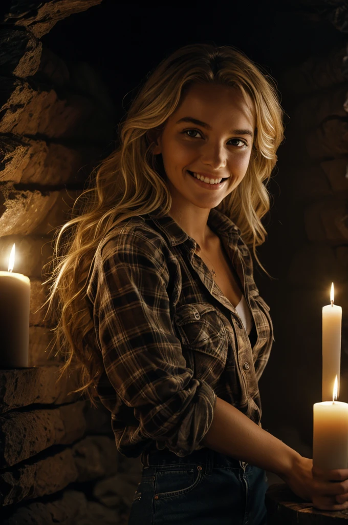 photograph of a woman, (smiling facial expression), a naked tit, textured skin, Goosebumps, afro blonde hair, plaid flannel shirt with distressed boyfriend jeans, cowboy shot, dark and mysterious cave with unique rock formations and hidden wonders, Perfect eyes, (candlelight,chiaroscuro), 160 color holder, shot on ARRI ALEXA 65, bokeh, sharp focus on the subject, shot by Don McCullin