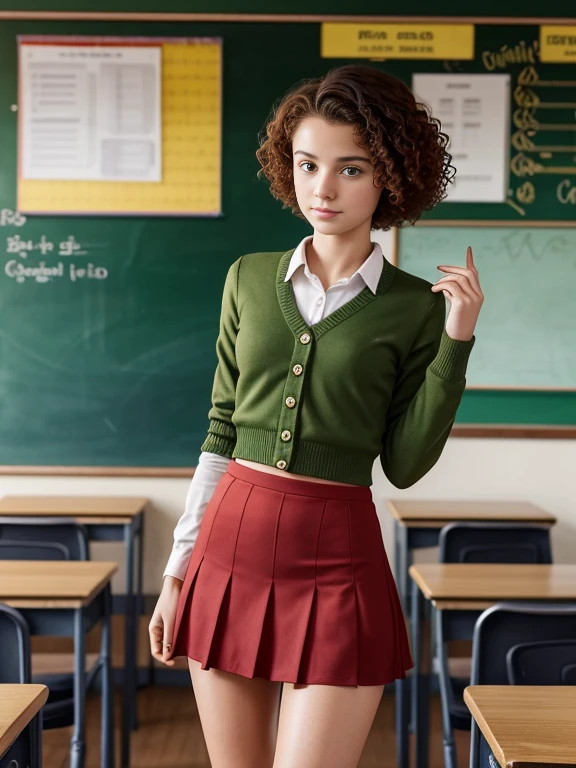 17 year old girl, short hair, extremely curly, Red color, Skinny body, , with green school suit, short skirt, shows her legs, is standing, In classroom, the blackboard is behind her, two hands, slavic face, freckles on his face, very beautiful