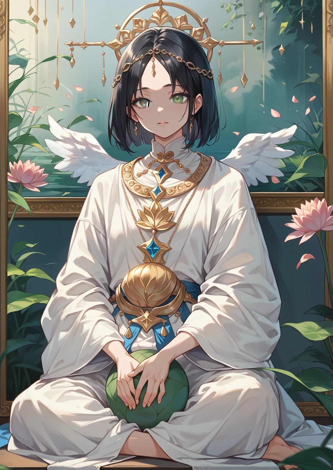 Painting of an angel sitting in a lotus position., Goddess of love and peace, bodhisattva, , queen , meditate , Gray eyes ,black hair , holding a round ball