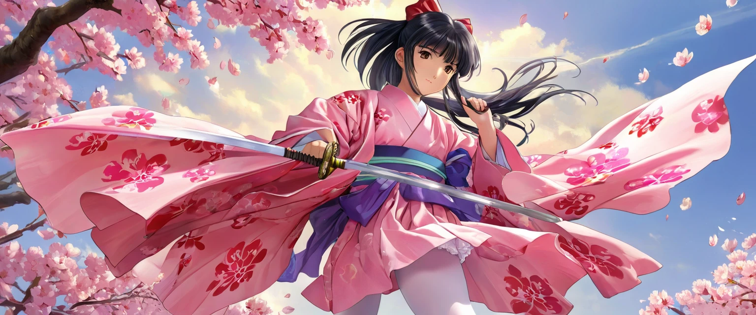 10 year old girl underwear, sakura shinguuji、Realistic bloomers made from patterned cotton fabric, Kimono and Hakama, Fabric Realism, Low Angle, I see bloomers, Pull up the dress by hand, Strong winds, Translucent slip, Translucent slip, tights, Highest quality, whole body、Black Hair、Holding a sword、Big ribbon in hair