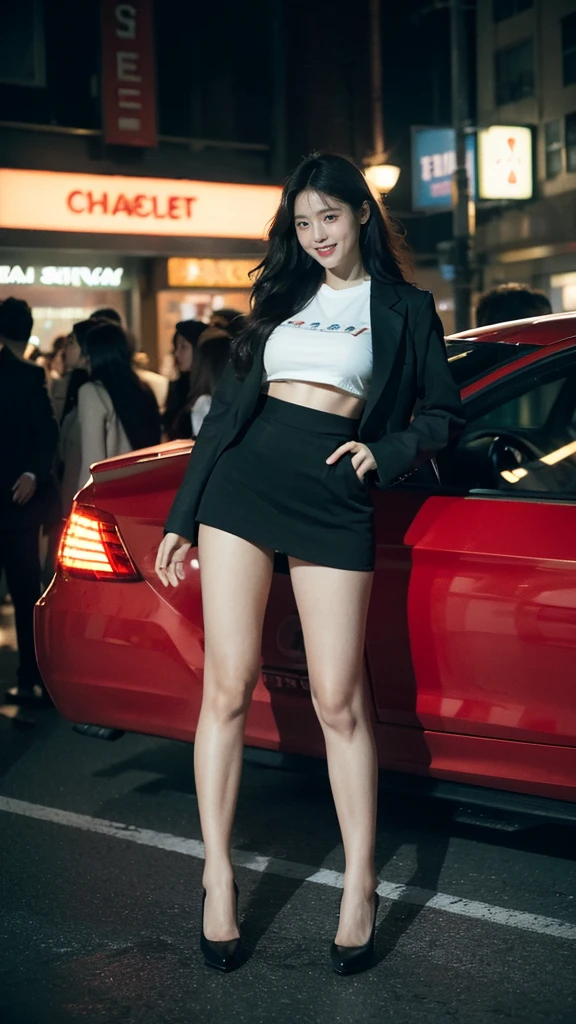 ground view, giantess city, A huge girl who is 500 feet tall., skyscrapers, incredibly long legs, stepping on the crowd, many people on the street, a pair of huge tits, black hair down to waist, wet white shirt, Short skirts that show panties, looking happy, standing on a broken car, burning street, beautiful appearance, exquisite makeup，quality，8k，高quality，perfect proportions, Cinema Lighting，film grain，8k，textured skin，super detail，high detail，high quality，high resolution，To explode，fake laugh