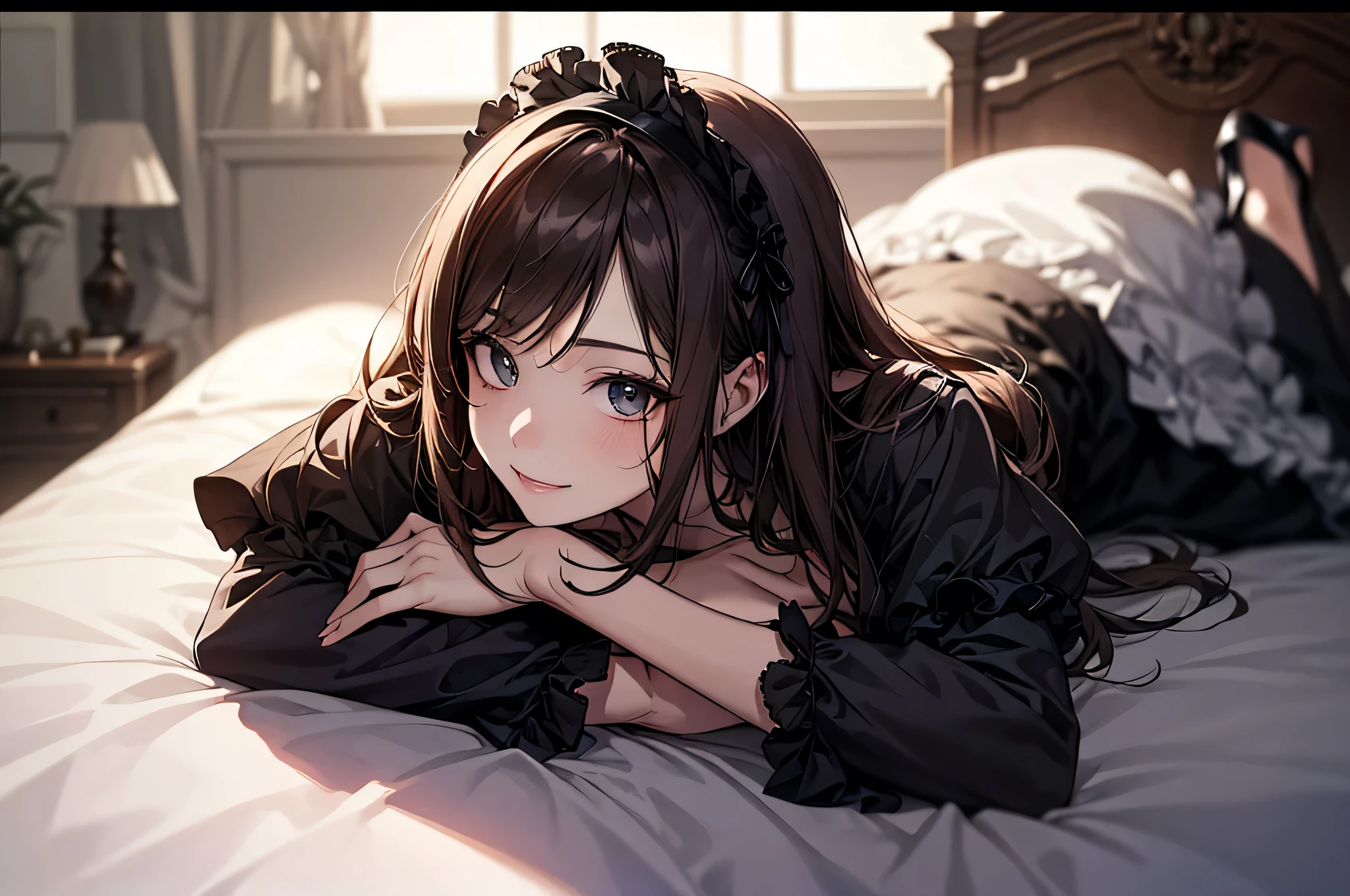 (Biologically correct limb count)、Full body, including face、4K、masterpiece、Focus on the face、Well-proportioned facial features、Delicate descriptive eyes、One beautiful woman、Excellent style、(head band、Gothic Lolita、Red and black clothes、High heels)、(smile)、(Close-up photo of the upper body)、look up、Photos with white borders、Looking into the camera、Lie down in bed、