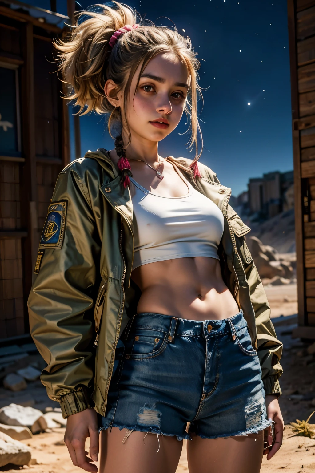 Uma garota loira com cabelo pigtails de 18 anos, shorts e jaqueta jeans rasgado, (dentro de um meka) armado e atirando, Post-apocalyptic background in the night desert, Bottom-up angular front camera