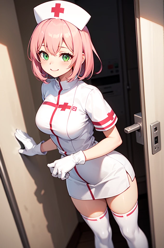 1girl, solo, nurse, white nurse cap, white nurse uniform, ((white legwear, zettai ryouiki)), white gloves, pink hair, green eyes, drooping eyes, smile, standing, ((hospital room)), sharp outline, short sleeves, best quality, masterpiece