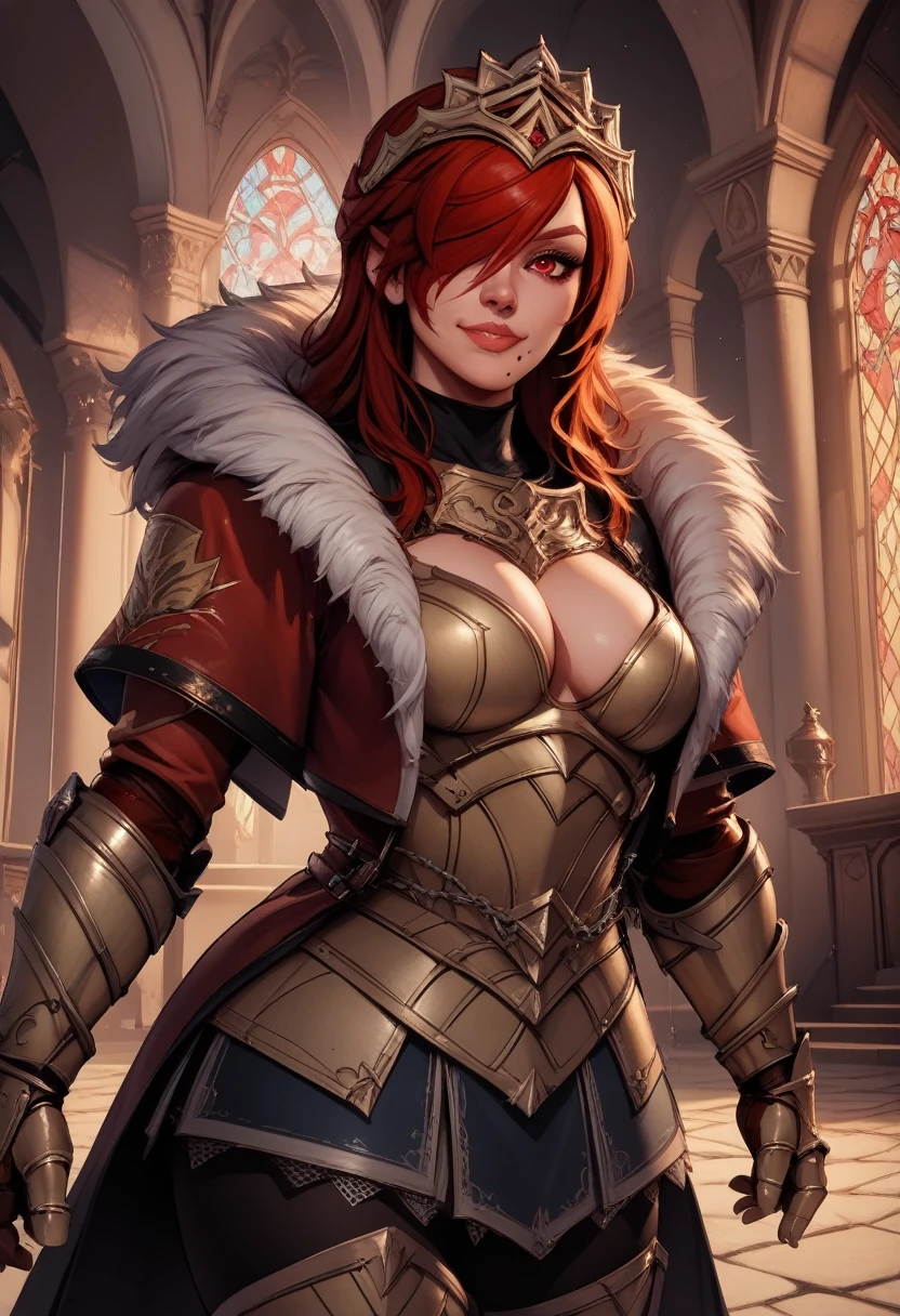 score_9,score_8_up,score_7_up,
hildexl,red hair,lips,hair over one eye,red eyes,mole under mouth,
armor,gauntlets,fur trim,breastplate,thighhighs,red coat,head crown,looking at viewer,light smile,
standing,
European castle, sexy pose, seductive, flirting, cleavage
