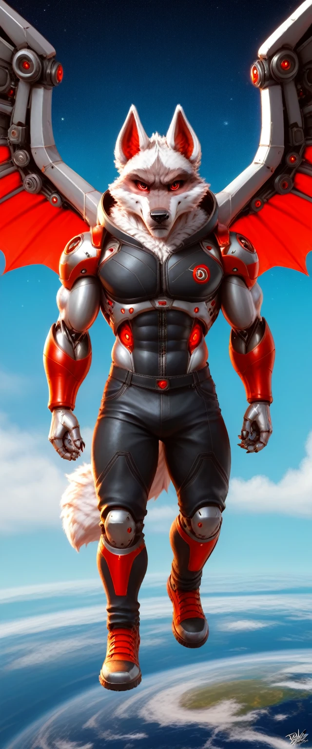 score_9, score_8_up, score_7_up, rating_safe,source_furry,anthro,source_3D a cyborg wolf digital muscular, flying over outer space red eyes the planet earth there in the background and the planet Saturn too. Golden Cyborg, wings serious expression, HDR 8K 