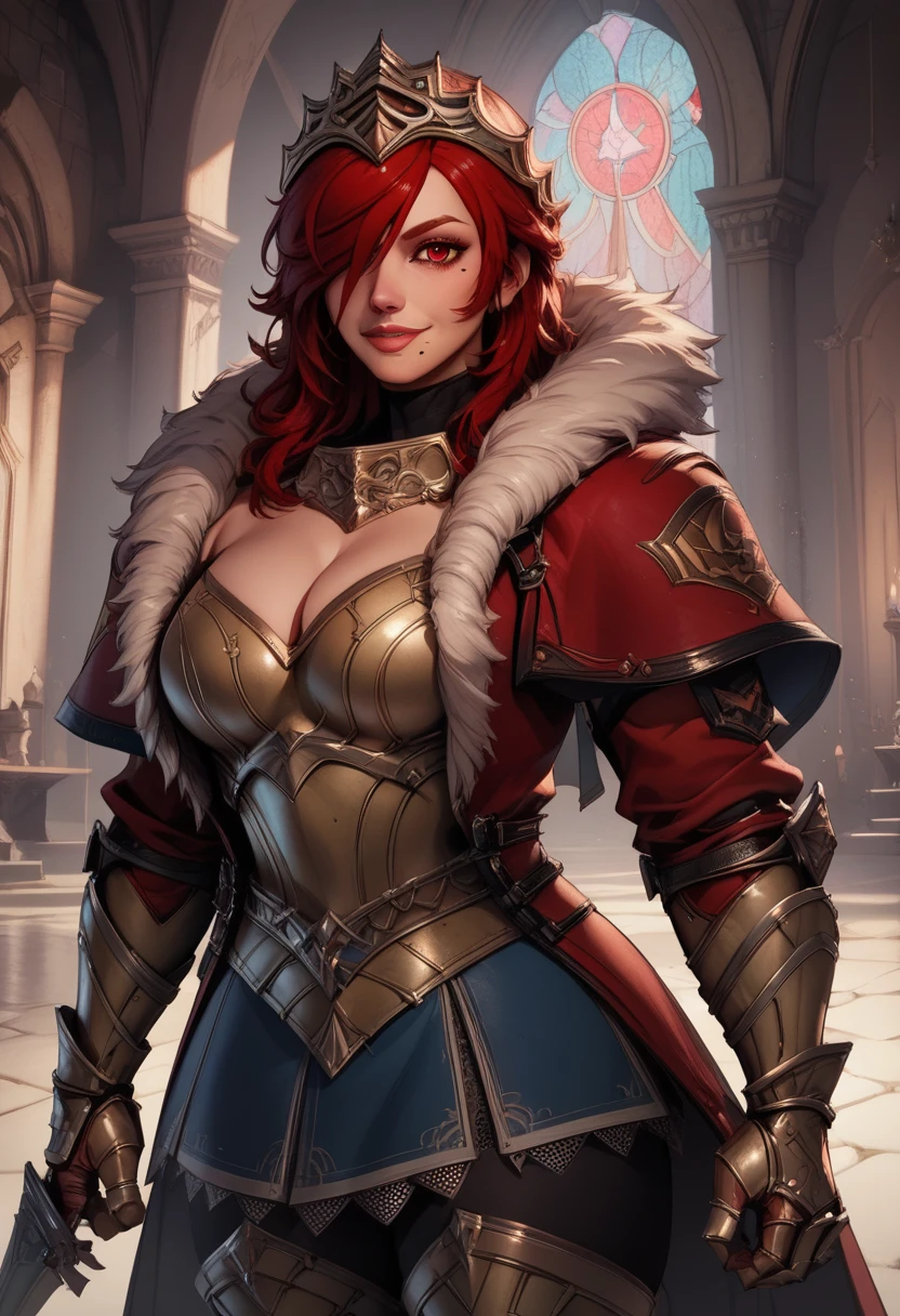 score_9,score_8_up,score_7_up,
hildexl,red hair,lips,hair over one eye,red eyes,mole under mouth,
armor,gauntlets,fur trim,breastplate,thighhighs,red coat,head crown,looking at viewer,light smile,
standing,
European castle, sexy pose, seductive, flirting, cleavage