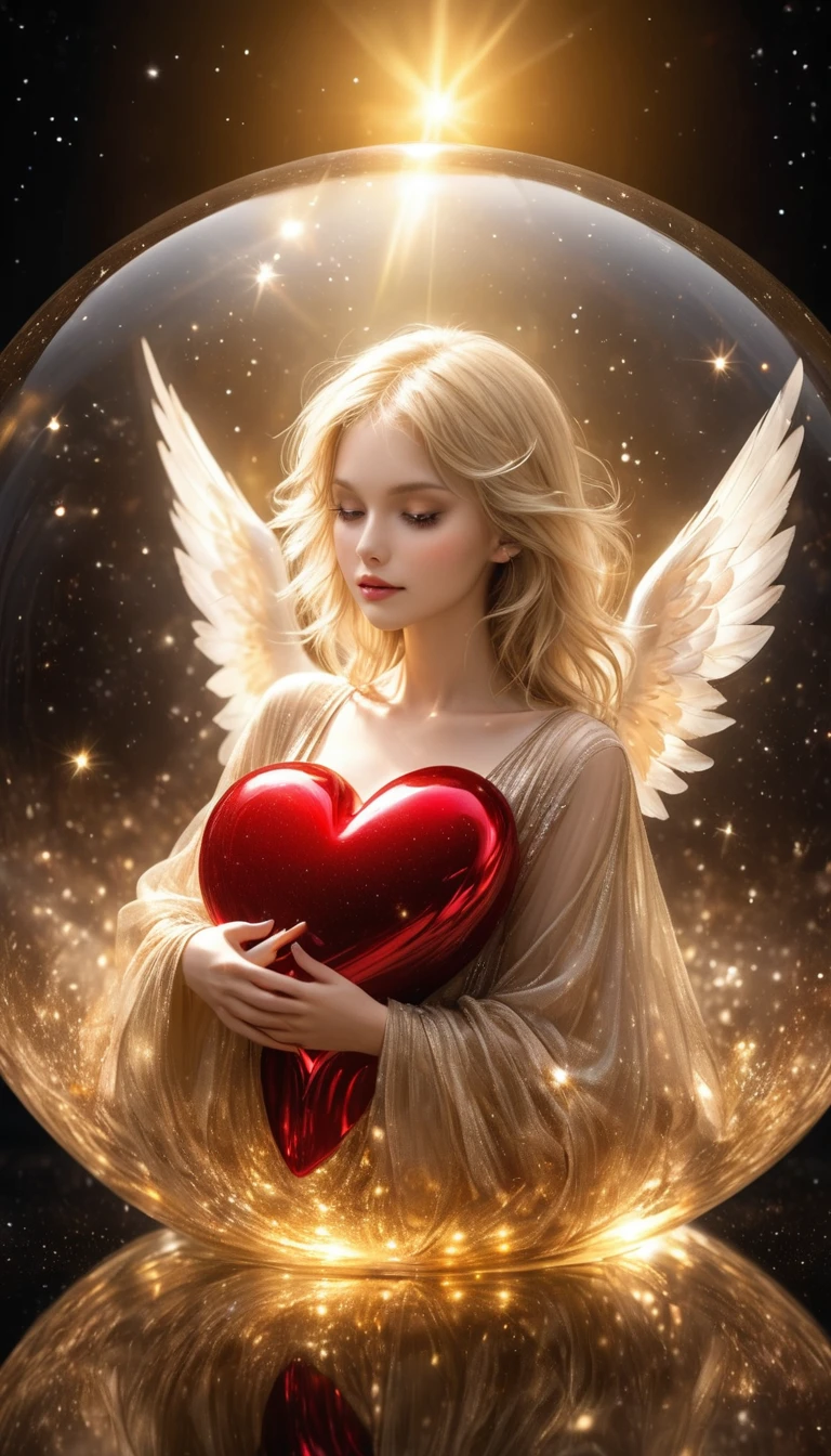 In a golden transparent glass bubble, Dark Star Background, Beautiful blonde 30 year old angel with a red heart, k resolution super detailed