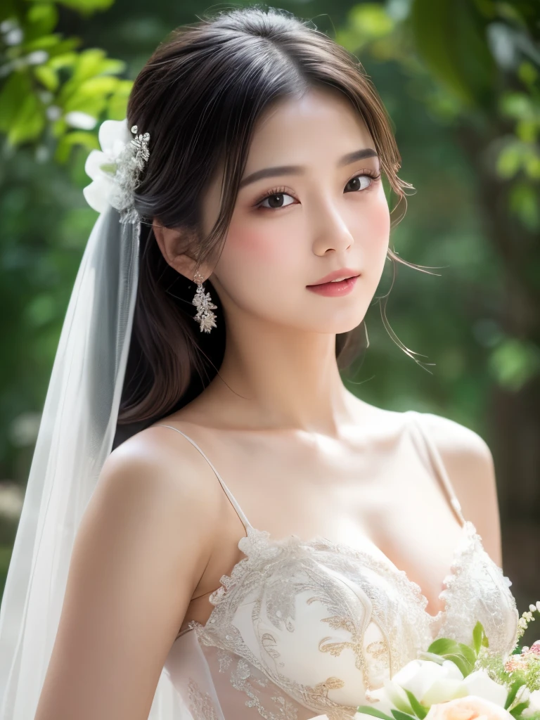(masterpiece:1.2, Highest quality), Realistic, (live-action, Intricate details, Depth of written boundary), (One girl, alone), compensate, Lips parted, Very detailed, Perfect Face, (Skin Dentition), Feminine waistline, Narrow waist, expensive, ふんわりとしたsexyな唇, Glossy coral lips,, (Girl in wedding dress holding flowers in hand )), sexy, Soft skin texture, Full of happiness,blush, highlight,Surrounded by soft lighting, Professional Photography, Mikasa from AOT
