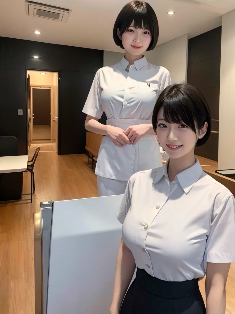 Highest quality、masterpiece、8k、Very detailed、Realistic、(One person:1.2)、Looking at me with a smile、whole body、Black Hair、Short Hair、Small face、Slender、(Very large breasts:1.2)、Thin and beautiful legs、narrow and constricted waist,、(Family Restaurant Uniforms:1.2)、A tight-fitting white shirt with buttons and a collar、A short, black, high-waisted skirt、(Nobody background)