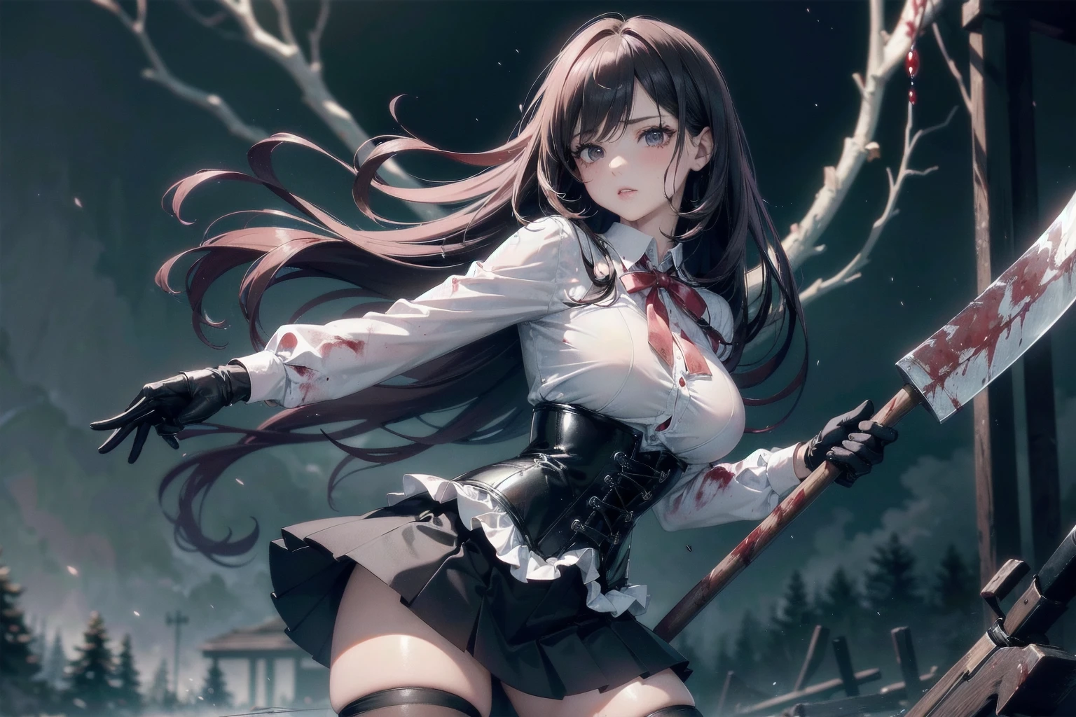 ((blood droplets)), ((blood)), ((blood splatter)), ((blood on clothes)) ((blood stain)), masterpiece, Superior image quality, High resolution, 4k image,photo and gross, photorealistic, whole body, distant view, ung man of 15 years, {{{vagina}}}, big breasts, beautiful face, long black hair, black eyes, very detailed eyes, pink cheeks, serious expression, choker:1.6, (white collar button down long sleeve shirt), black gloves, gloves that cover hands, (holding an ax in the right hand), (black leather corset), (shiny black miniskirt), Sensual Lips, show details in the eyes, View from the front, looking at the viewer, gloomy forest, at night, atmosphere, fog